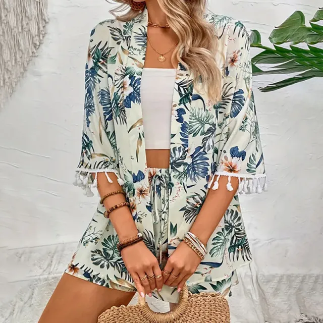 Shirt Beach Pants Suit Printed Tassel Short Two piece Set White - Shop at LoveMi