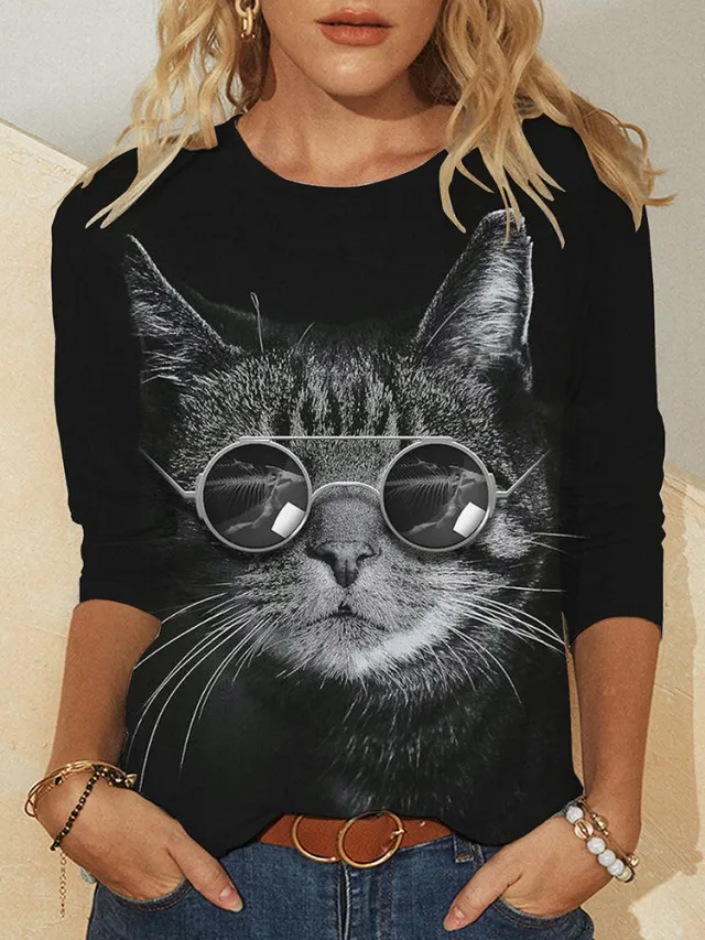 New Women's T shirt Independent Station Black Cat Pullover Print Round Neck Long Sleeve T shirt Black 2 - Shop at LoveMi