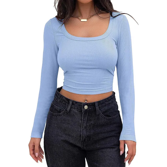 European And American Thread Sunken Stripe Slim fit Short Long Sleeve Square Neck T shirt Light Blue - Shop at LoveMi