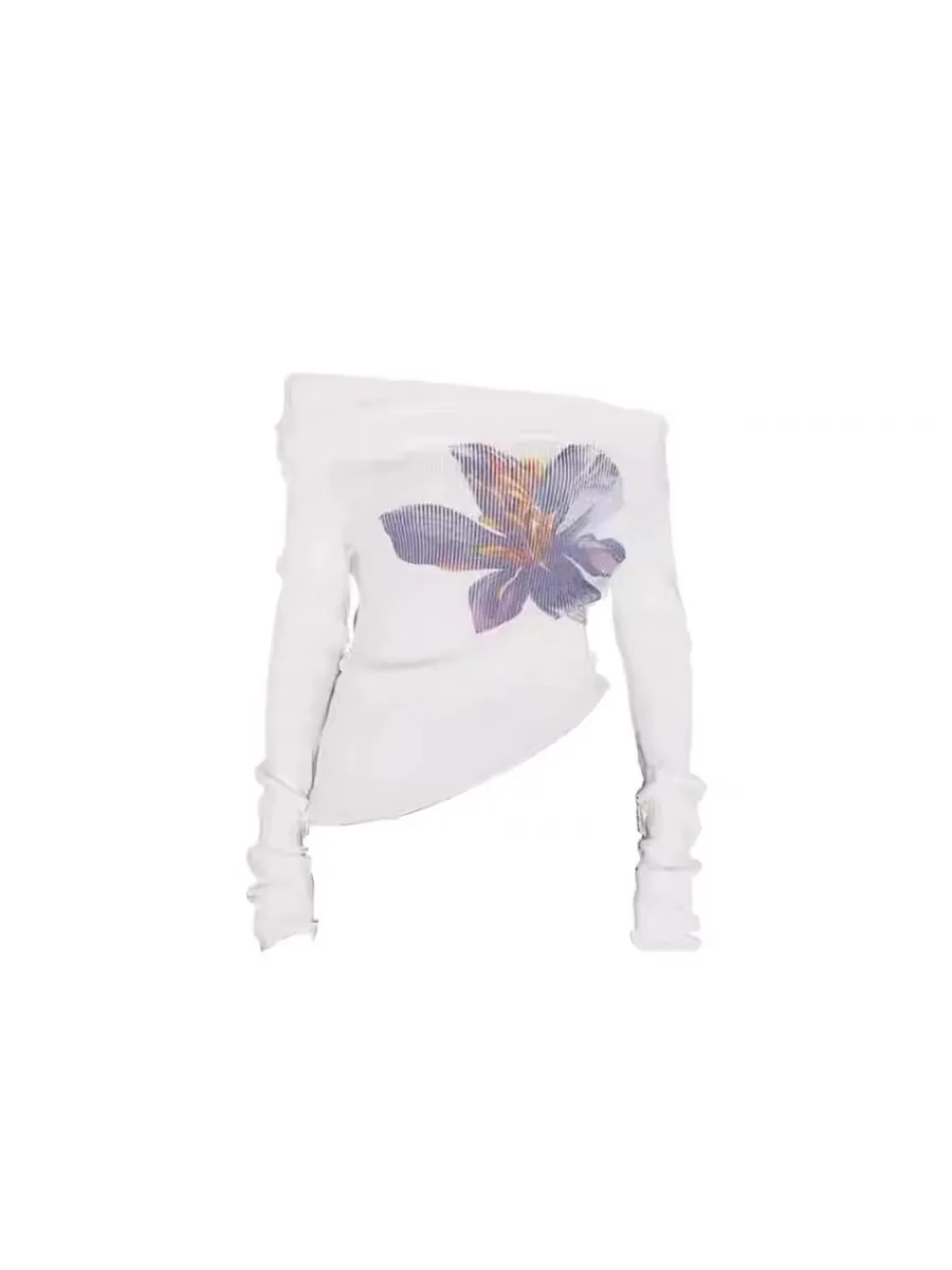 Off-shoulder Floral Print Sweater Women's Off-shoulder Knitted Top - White