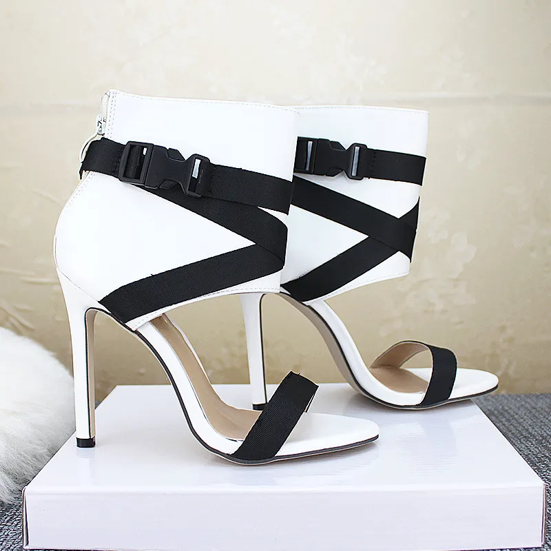 Open Toe Fashion Style Woven Buckle Stiletto Heels Peep Toe Women's Shoes - White