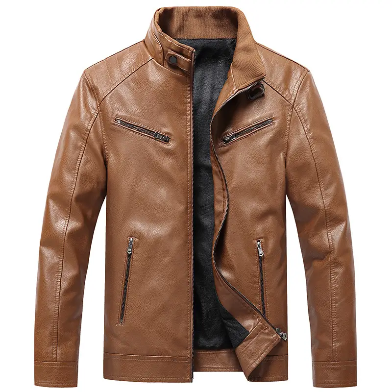 Men's Fleece Padded Coat Casual Korean-style Stand Collar PU Leather Jacket Trendy Youth