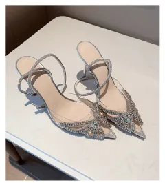 High-end Crystal Shoes Women's Sandals New Butterfly Diamond Evening Dress All-matching - Silver - View 1