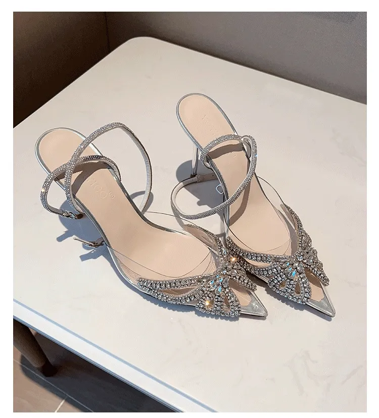 High-end Crystal Shoes Women's Sandals New Butterfly Diamond Evening Dress All-matching - Silver
