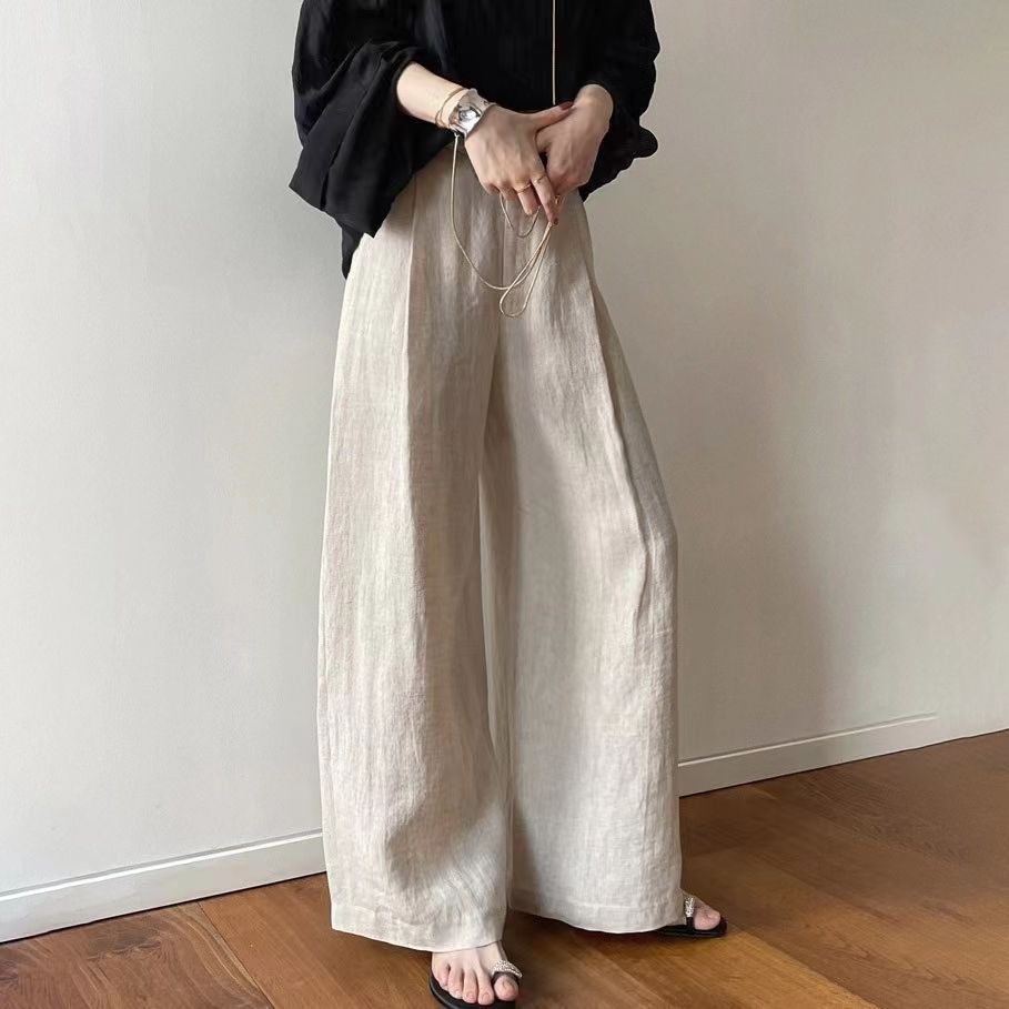 Womens Cotton-Linen Wide-Leg High-Waist Drapey Straight-Cut Casual Pants