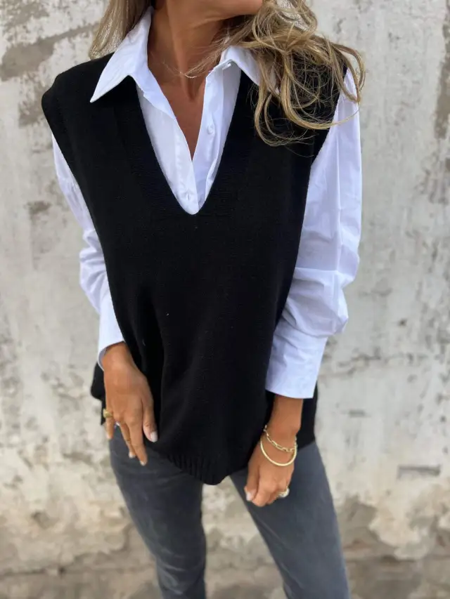 Women's V neck Knitted Sweater Vest Black - Shop at LoveMi