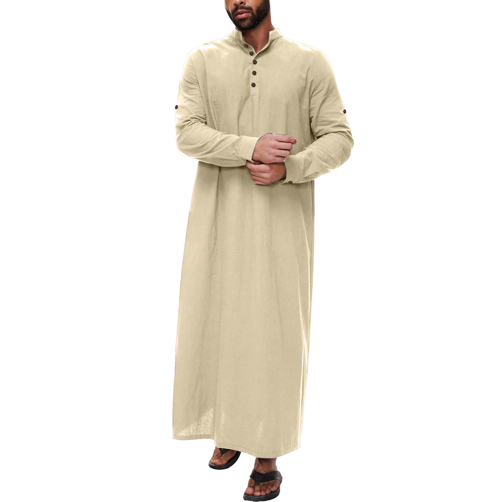 Simple Cotton And Linen Long Men's Stand Collar Button Muslim Robe Khaki - Shop at LoveMi