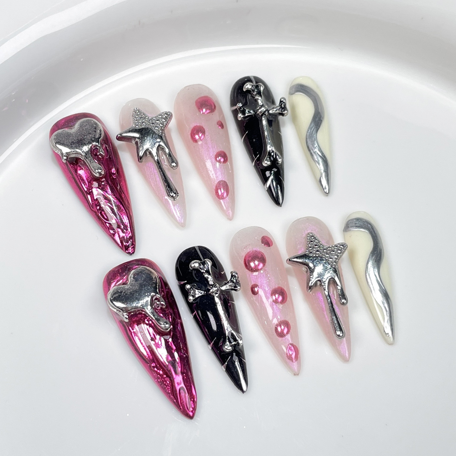 Long Pointed Handcrafted Wearable Nails With Metallic Embossing From Europe And The US