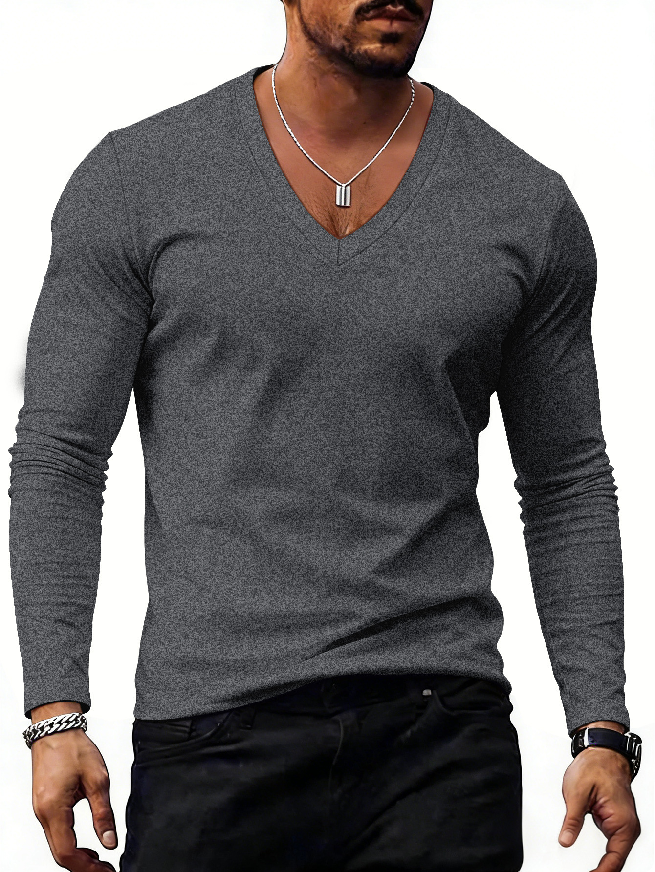 Mens Solid-Color Plus-Size Casual V-Neck T-Shirt