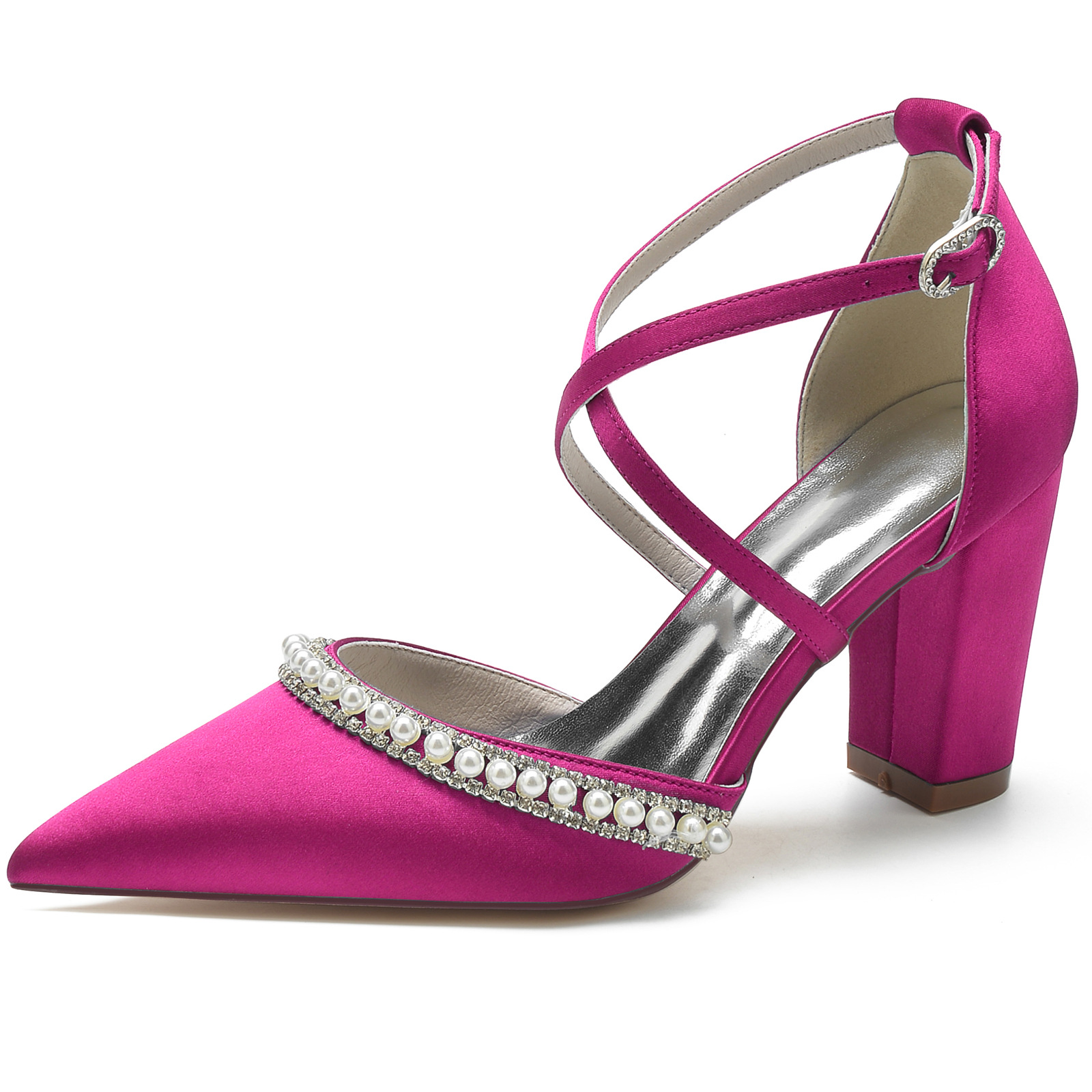 Title 35, Satijnen pumps met spitse neus, blokhak, strass...