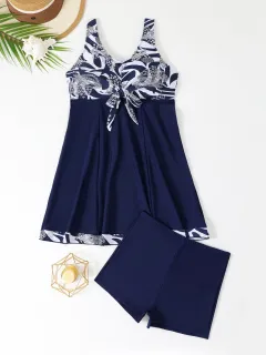 Female Skirt Style Split Boxers Conservative Tankini Swimsuit - Tan - View 1