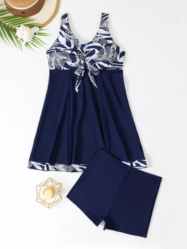 Female Skirt Style Split Boxers Conservative Tankini Swimsuit Tan - Shop at LoveMi