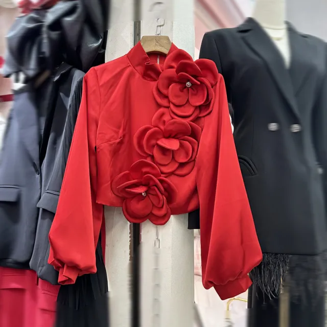 Temperament Pure Color Padded Shoulder Waist Trimming Shirt With Flowers Red - Shop at LoveMi