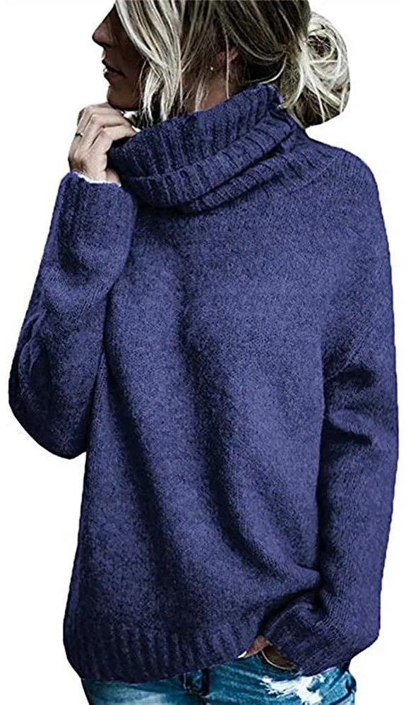 Women's Fashion Core spun Yarn Turtleneck Long sleeved Pullover Knitted Sweater Blue - Shop at LoveMi