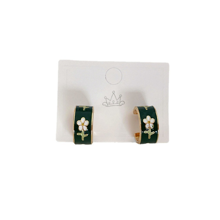 Retro French C- Shaped Ring Lemon Floret Drip Glazed Enamel 925 Silver Stud Earrings