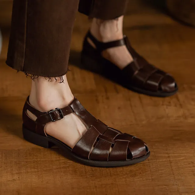 Summer Low Heel Pig Cage Shoes Chunky Heel Retro Roman Sandals For Women Brown - Shop at LoveMi