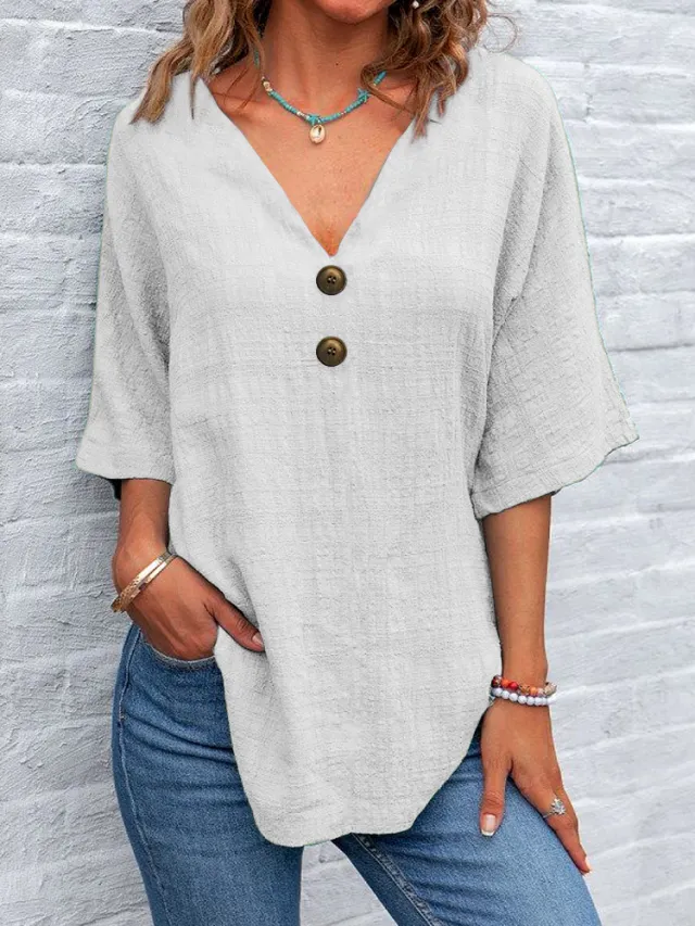 Casual V neck Short Sleeve Regular Pullover Multi color Women's Button Top White - Shop at LoveMi