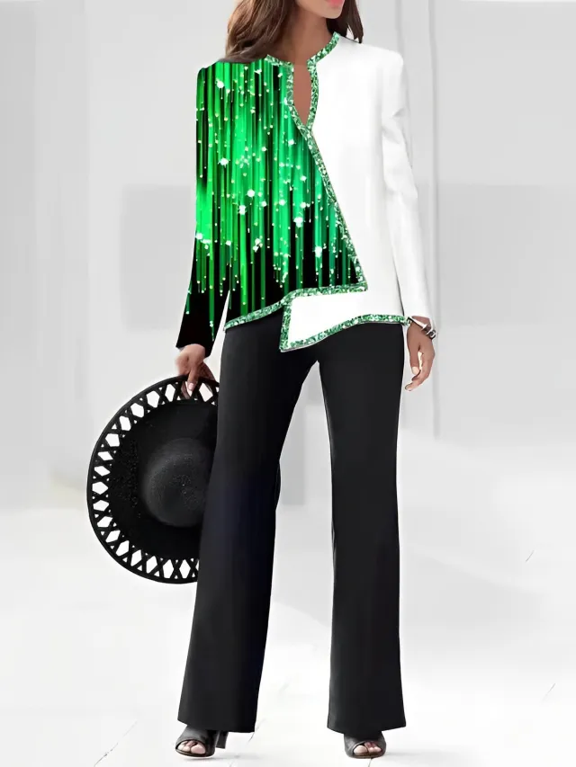 Women's Fashion 3D Digital Printing Shirt And Trousers Suit Green - Shop at LoveMi