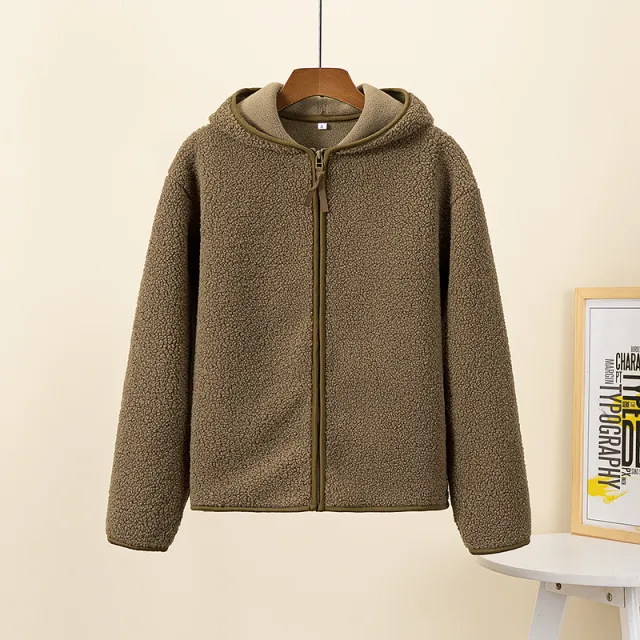 Autumn And Winter Faux Cashmere Polar Fleece Zipper Hooded Long Sleeve Brown - Shop at LoveMi