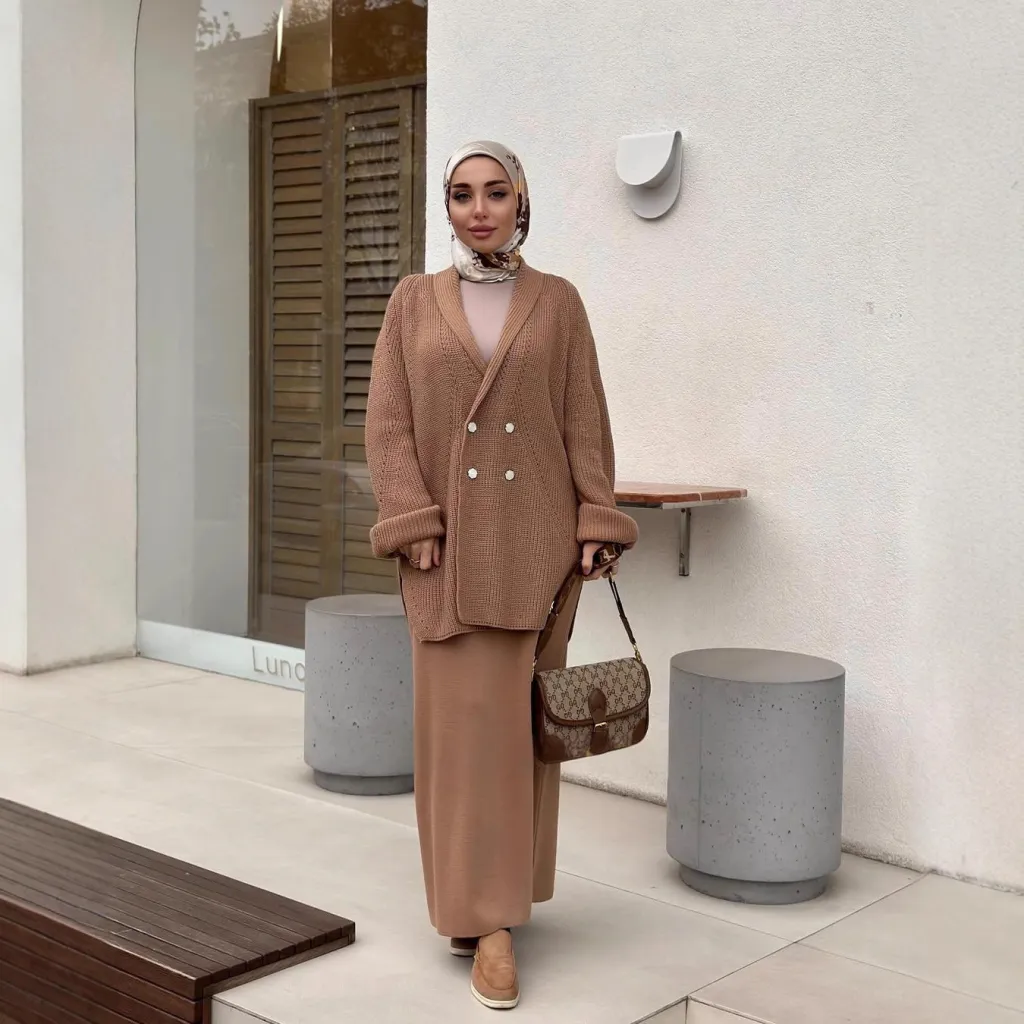 New Double-breasted Button Sweater Jacket And Sheath Skirt Set - Camel