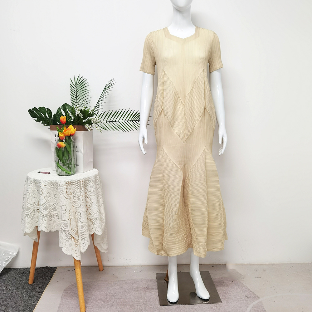Pleated Short-Sleeve Dress