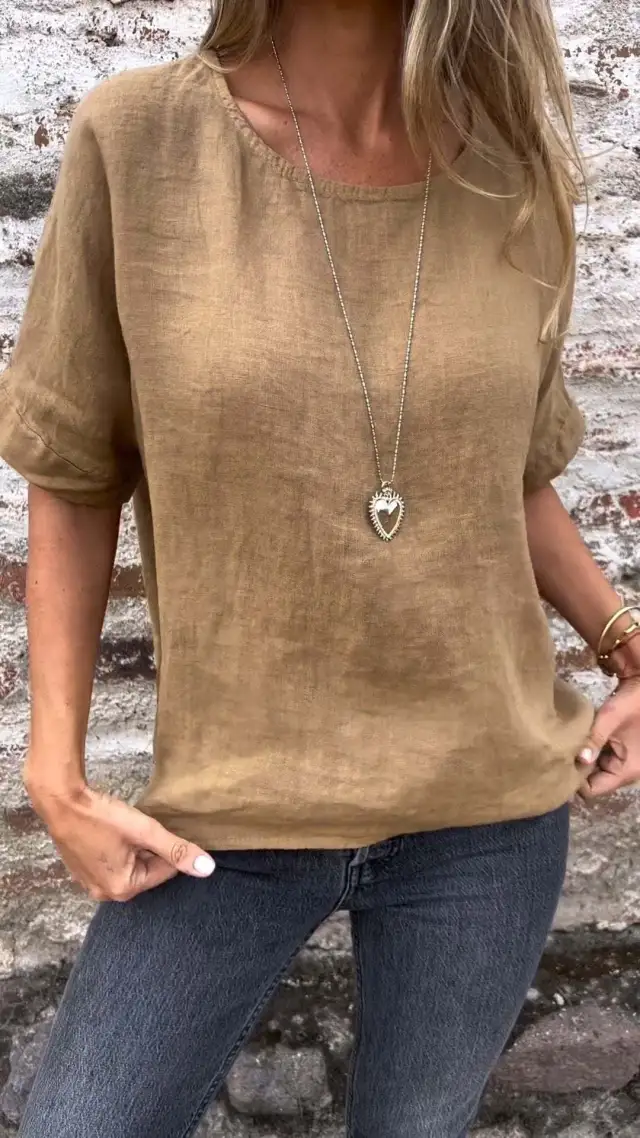 Women's Round Neck Long Sleeve Cotton And Linen Loose fitting T shirt Top Wheat Color S - Shop at LoveMi