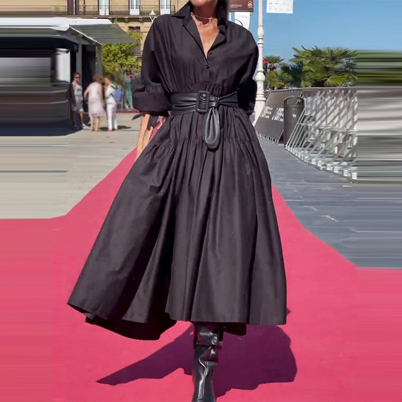 Pleated Puff Sleeve Swing Dress