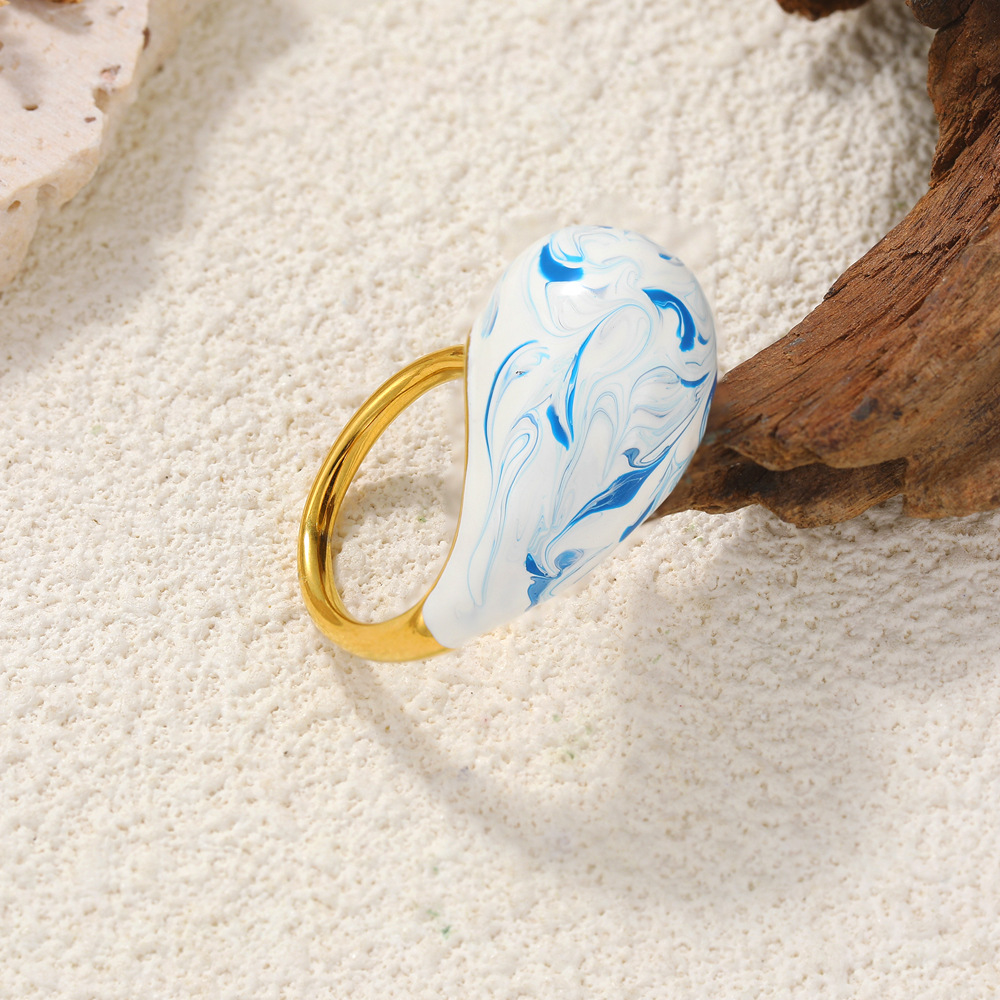 Vintage Enamel Oil-Blue And White Pattern Ring For Women