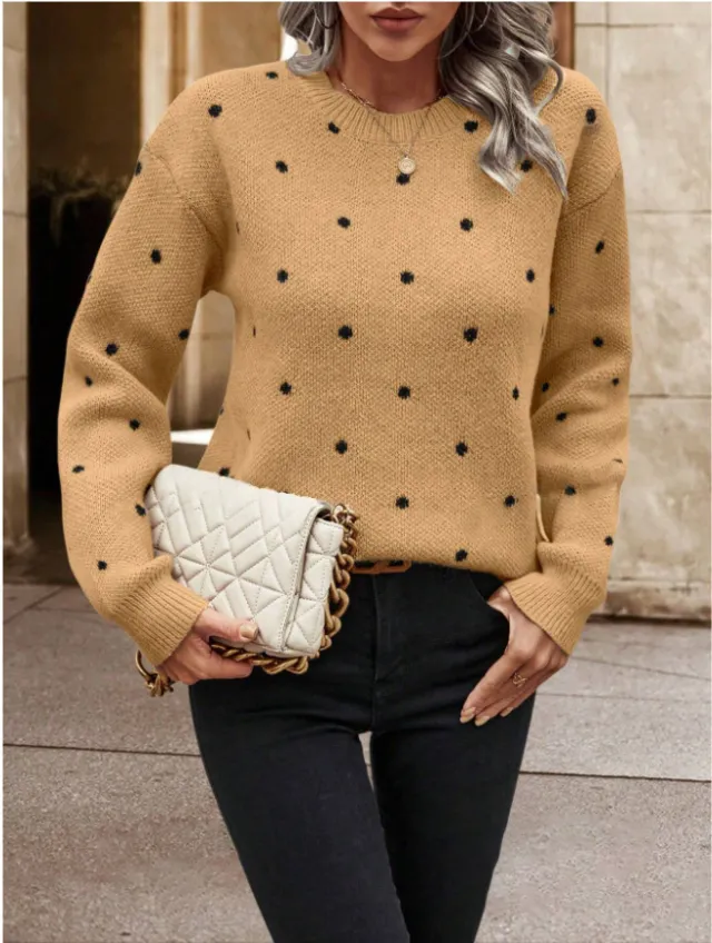 Fashion Round Neck Long Sleeve Pullover Sweater Polka Dot Print Knitwear Camel - Shop at LoveMi