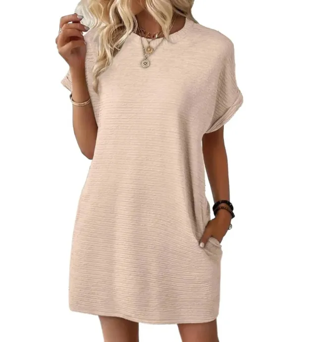 Loose Round Neck Pocket Solid Color Short Sleeve Dress Women Apricot - Shop at LoveMi