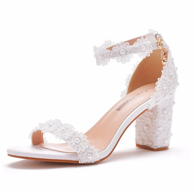 Shallow Mouth With Beads Square Heel Sandals White - Shop at LoveMi