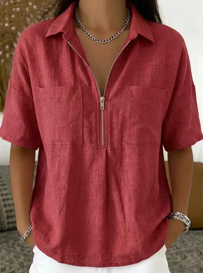 Loose-fit Lapel Short-sleeve Casual V-neck Zip-up Shirt 20 956818db 5a80 4b2b 8ed1 921f63b04d8e