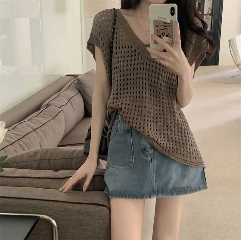 Blouse Hollow Out V-neck Knitwear Short Sleeve Vest Off-shoulder Broken Hole Design - Coffee