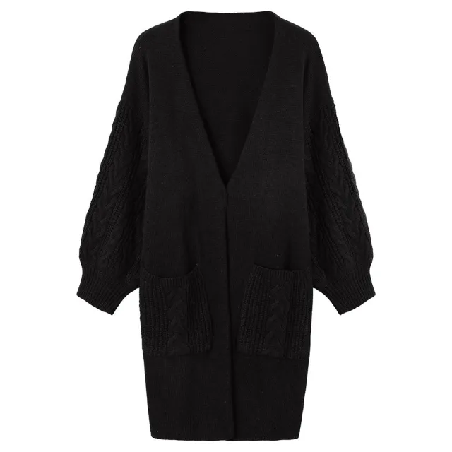 Knitted Cable Lantern Sleeve Coat Sweater Black - Shop at LoveMi