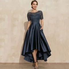 Navy Blue Satin Ball Lace Short Sleeve Dress - Navy Blue - View 1