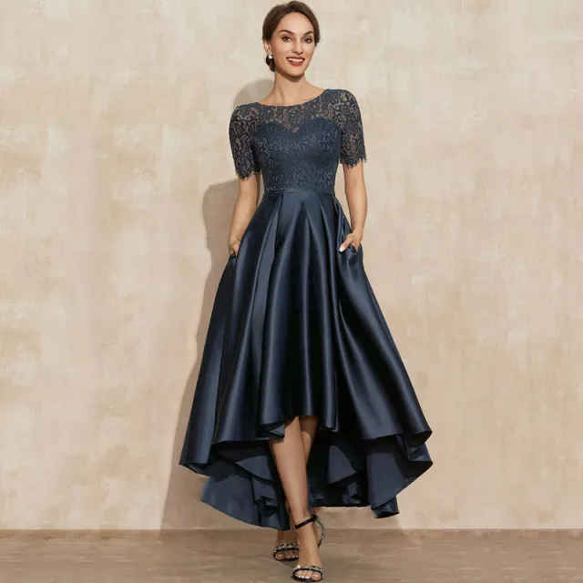 Navy Blue Satin Ball Lace Short Sleeve Dress Navy Blue - Shop at LoveMi