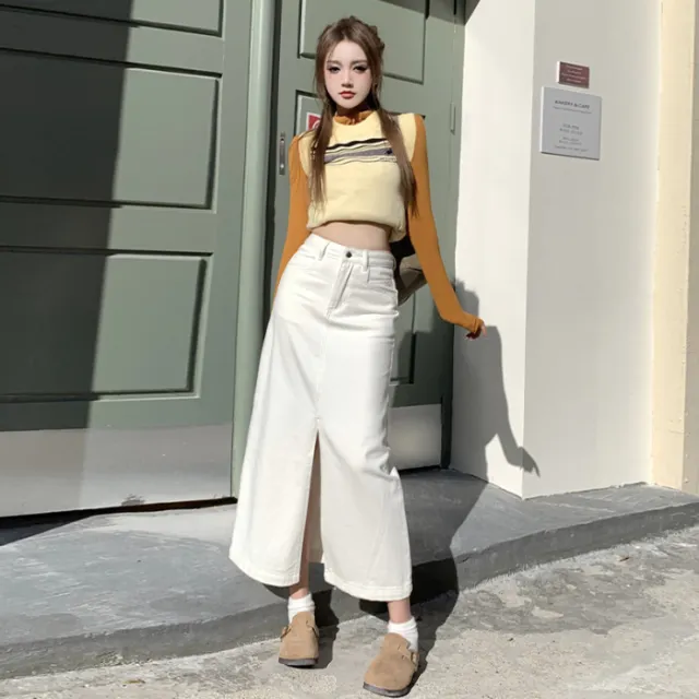 High Waisted Loose A line Mid Length Wrap Hip Skirt Beige - Shop at LoveMi