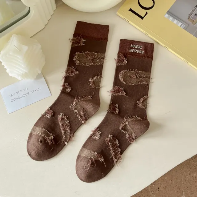 Tassel Embroidery Brushed Tube Socks Patch Brown - Shop at LoveMi