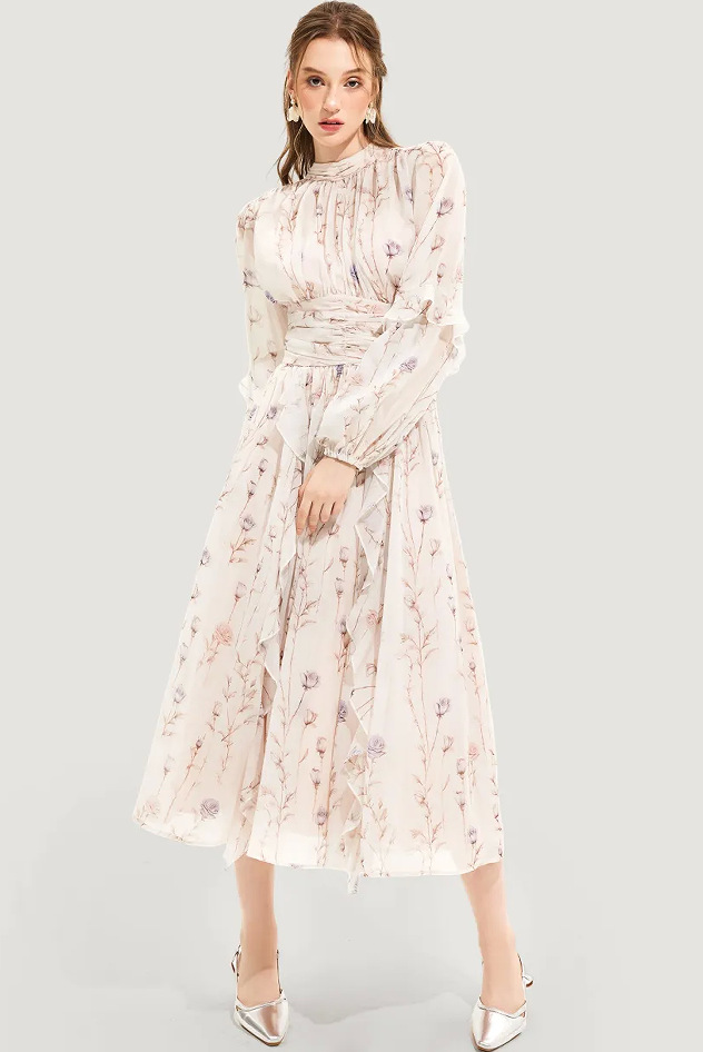 Chiffon Printed Ruffled Long Sleeve Dress Apricot Pink - Shop at LoveMi
