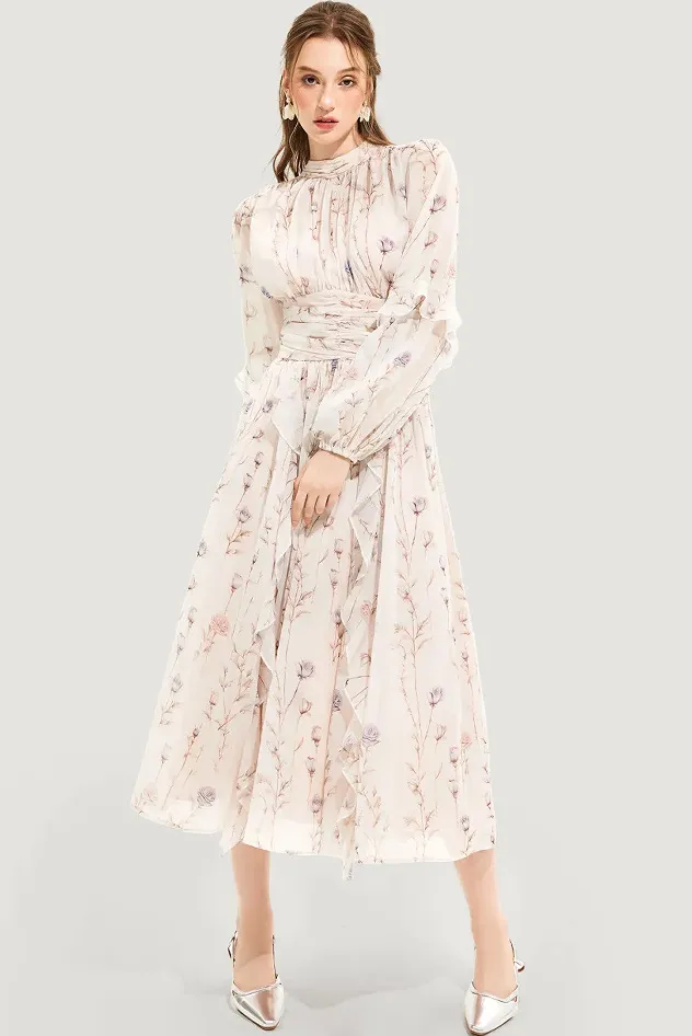 Chiffon Printed Ruffled Long Sleeve Dress Apricot Pink - Shop at LoveMi