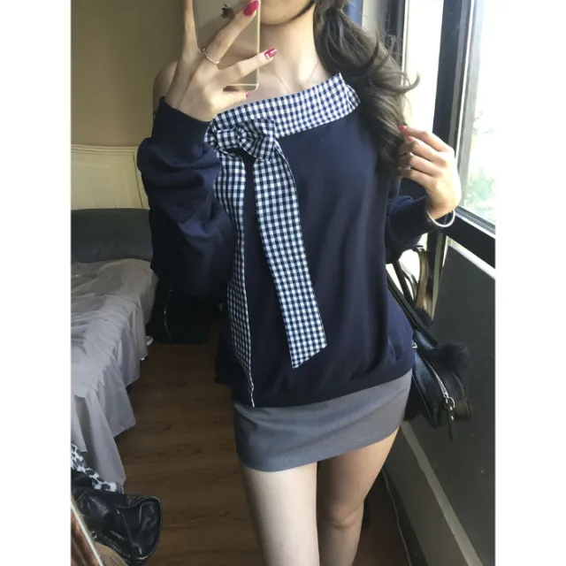 Fashion Plaid Off shoulder Long Sleeve T shirt Women Dark Blue - Shop at LoveMi