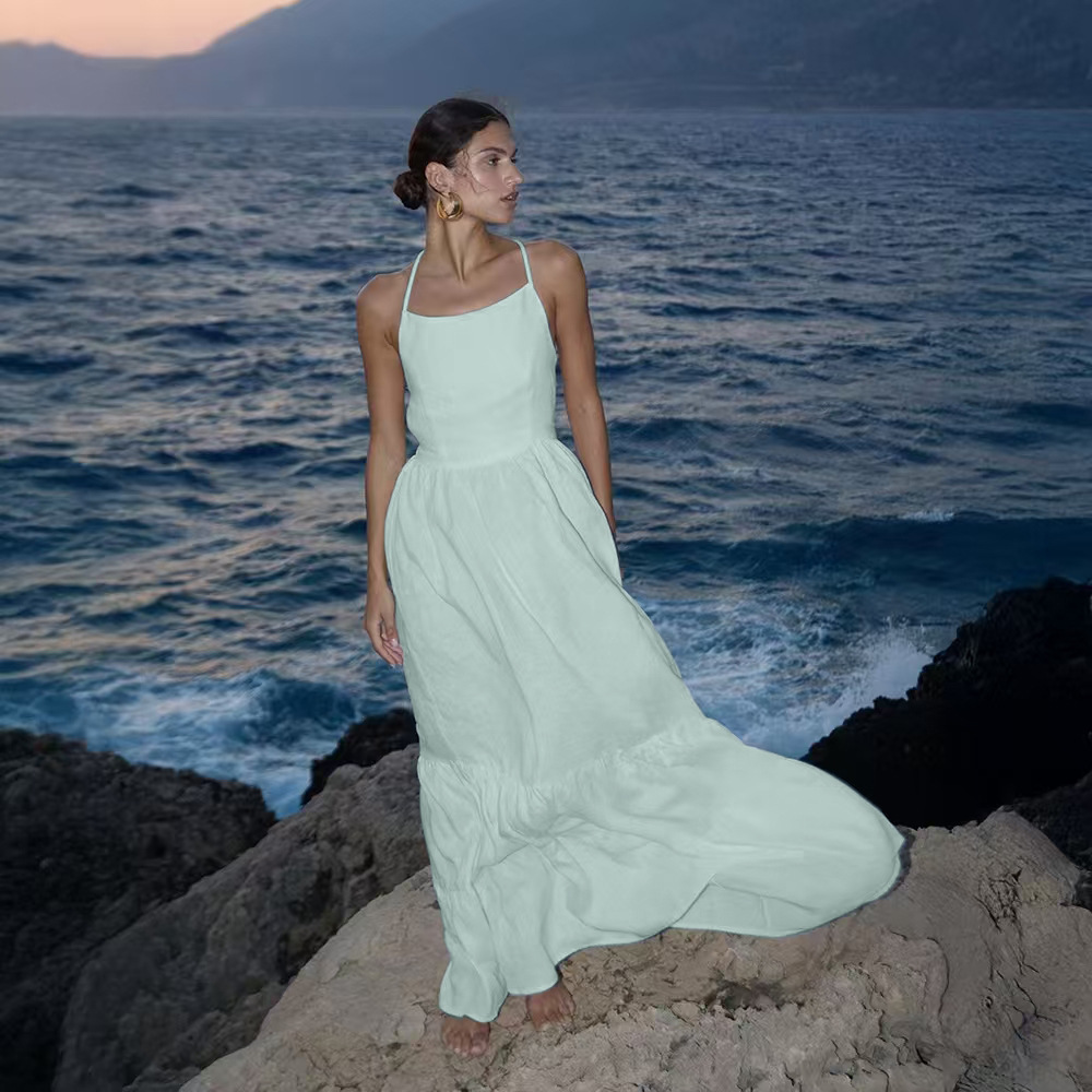 Backless Lace Up Long Skirt Waist tight Dress Green - Shop at LoveMi