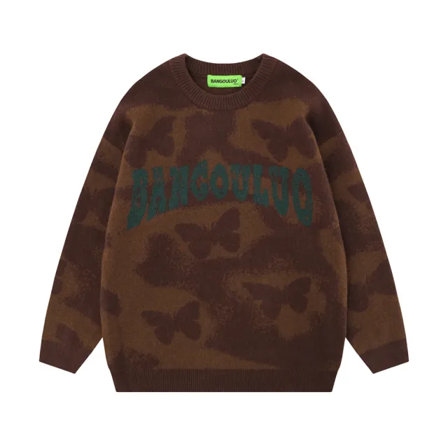 Full Printed Butterfly Design Sense Niche Round Neck Sweater Brown - Shop at LoveMi