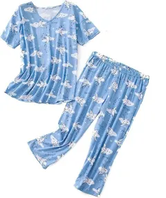Short-sleeved Cropped Pants Suit Knitted Cotton Plus Size Women's Pajama Suit Suit - Blue Moon - View 1