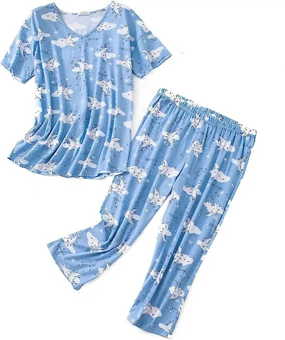 Short sleeved Cropped Pants Suit Knitted Cotton Plus Size Women's Pajama Suit Suit Blue Moon - Shop at LoveMi