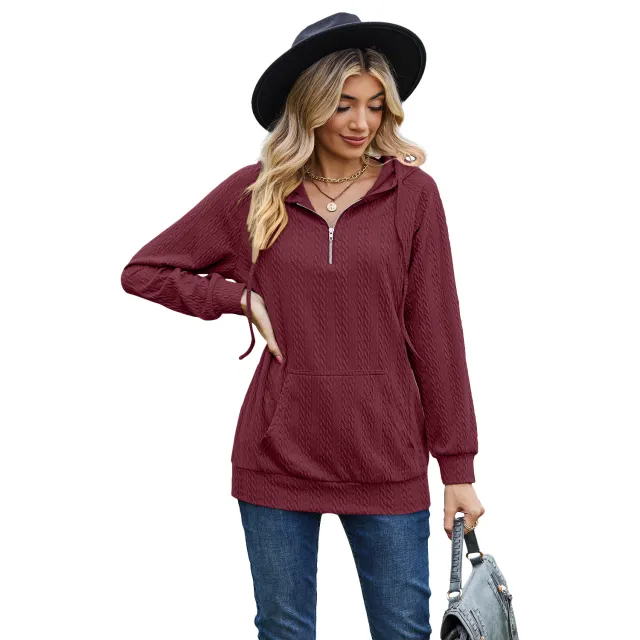 Women's Fashion Solid Color Hooded Zipper Loose Long Sleeve Sweatershirt Wine Red - Shop at LoveMi