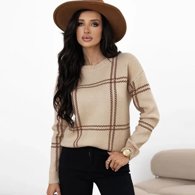 Women's Casual Plaid Color block Crew Neck Sweater Apricot - Shop at LoveMi