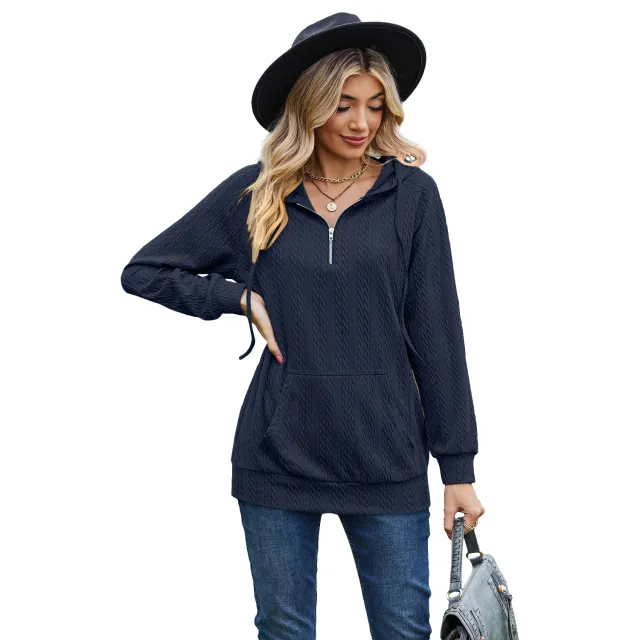 Women's Fashion Solid Color Hooded Zipper Loose Long Sleeve Sweatershirt Navy Blue - Shop at LoveMi