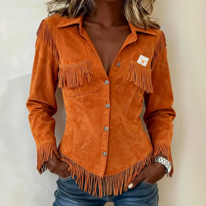 Brown European And American-style Suede-velvet Cardigan With Tassels And Long Sleeves
