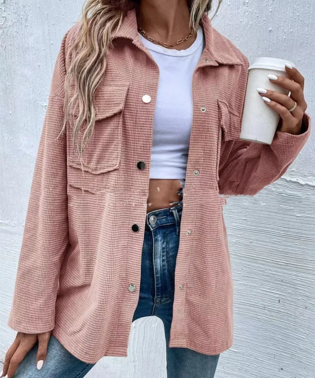 Women's Autumn Loose Solid Color Retro Lapel Jacket Coat Pink - Shop at LoveMi